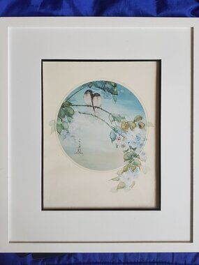 Vtg 13x15"Art Print Lovebird Signed Asian Wall Decor Oriental Motif Muted Pastel